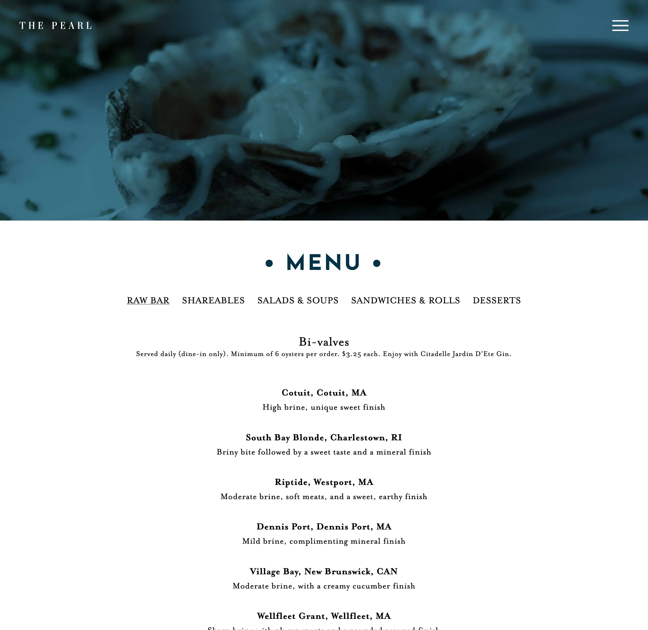 The Pearl Menu Page